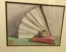 ENGLISH SCHOOL "Still life study of a fan, book and pot", watercolour, bears stamped initial "J"