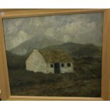 DAVID BOND WALKER "Irish landscape with child on roadway, a thatched white washed cottage right,