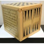 A large Alison Henry game cube including Noughts and Crosses, Backgammon, Go, Chess / Draughts, Nine