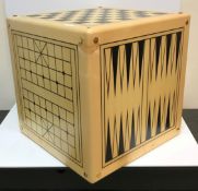 A large Alison Henry game cube including Noughts and Crosses, Backgammon, Go, Chess / Draughts, Nine