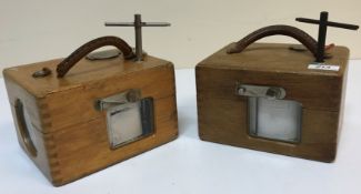 Two oak cased Benzing racing pigeon clocks, 21 cm x 16.5 cm x 13 cm high