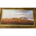 TOM MANSON "Farmstead in Autumn", oil on board, signed bottom left, image size approx 14 cm x 28.5