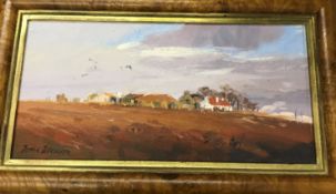 TOM MANSON "Farmstead in Autumn", oil on board, signed bottom left, image size approx 14 cm x 28.5