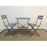 A grey painted metal bistro set comprising circular table and two chairs, table 60 cm diameter x