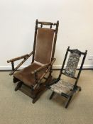 A Victorian turned and ringed walnut framed rocking armchair, a late Victorian child's ebonised
