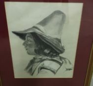 19TH CENTURY CONTINENTAL SCHOOL "Young man in hat", a portrait study, charcoal and pencil, head