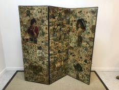 A Victorian three fold scrap screen, each panel decorated with various scraps in typical fashion,