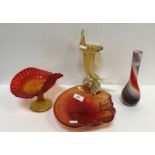 Four items of various coloured glassware including bubble glass leaf dish, 21 cm x 20 cm, a