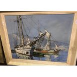 A collection of pictures to include 20TH CENTURY SCHOOL "Sailing boats at anchor with cliffs in