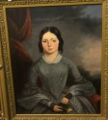 19TH CENTURY ENGLISH SCHOOL "Young lady with hair in ringlets seated upon a chair with a book in her