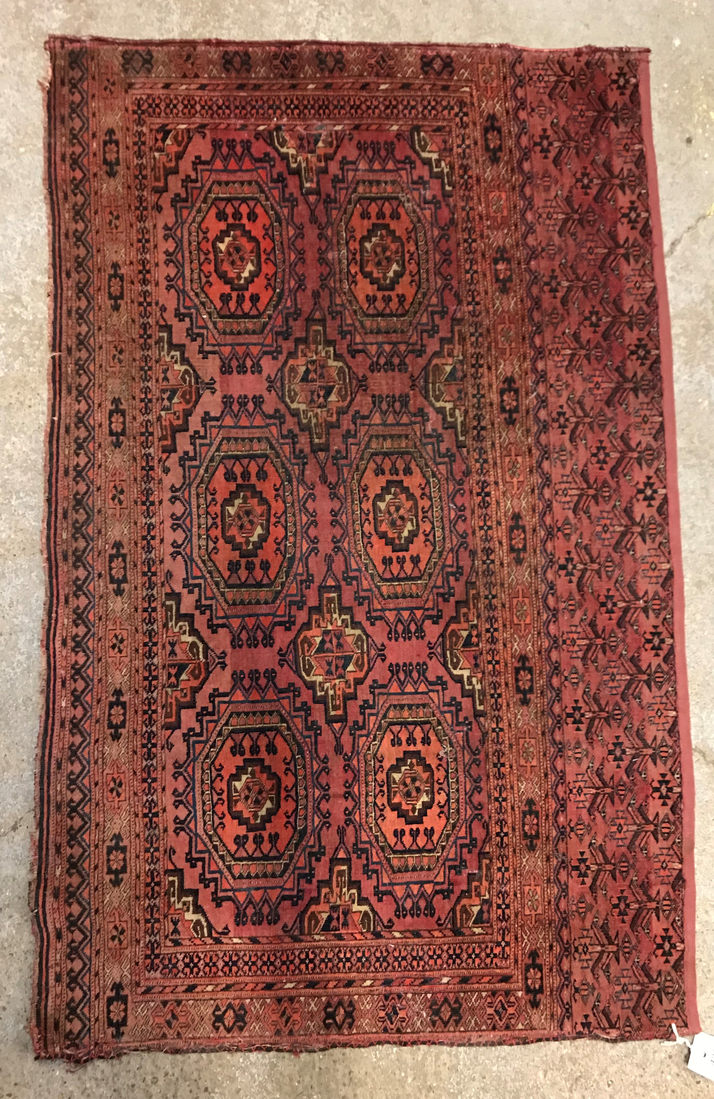 A fine Salour Bok rug, the central panel set with repeating elephant foot style medallions on a