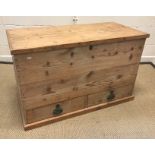 A Victorian pine mule chest with rising chest over two drawers on a plinth base, 101.5 cm wide x