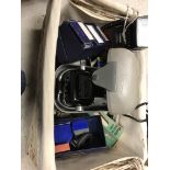 Two boxes containing various camera accessories, cases, etc