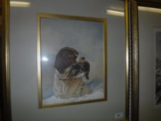 19TH CENTURY ENGLISH SCHOOL “Pointer with grouse quarry in snow”, watercolour heightened with white,