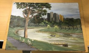 SYLVIA HALLIDAY "Park scene with boat on river and tower blocks in background", acrylic on board,