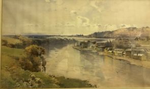 FRED TUCKER (Active 1860-1935) "River scene with factories to one side", watercolour, signed and