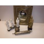 A 20th Century Chinese blanc-de-chine figure group of three various figures on a carved wooden base,