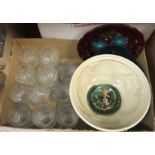 Two boxes containing assorted glassware to include tumblers, high balls, etc, a glass fruit bowl, an