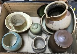 A box containing various studio pottery including a Cookie Scottorn stoneware jug, low relief