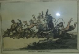 AFTER GILRAY "Hounds throwing off", cartoon study of hunting scene, coloured engraving, size