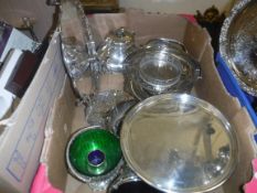 A box of various plated wares to include Walker & Hall tazza, pierced fruit baskets, teapots, plated