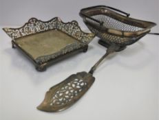 A box of various plated wares to include an Australian plated and pierced basket engraved with motto