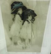 ADRIAN ETIENNE DRAIN (1885-1961) “Two young girls in bonnets”, coloured drypoint etching, limited