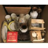 Two boxes containing various sundry items to include a Foley China yellow and black tea set, a