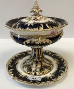 A 19th Century royal blue and gilt decorated and floral spray painted pedestal dish and cover on