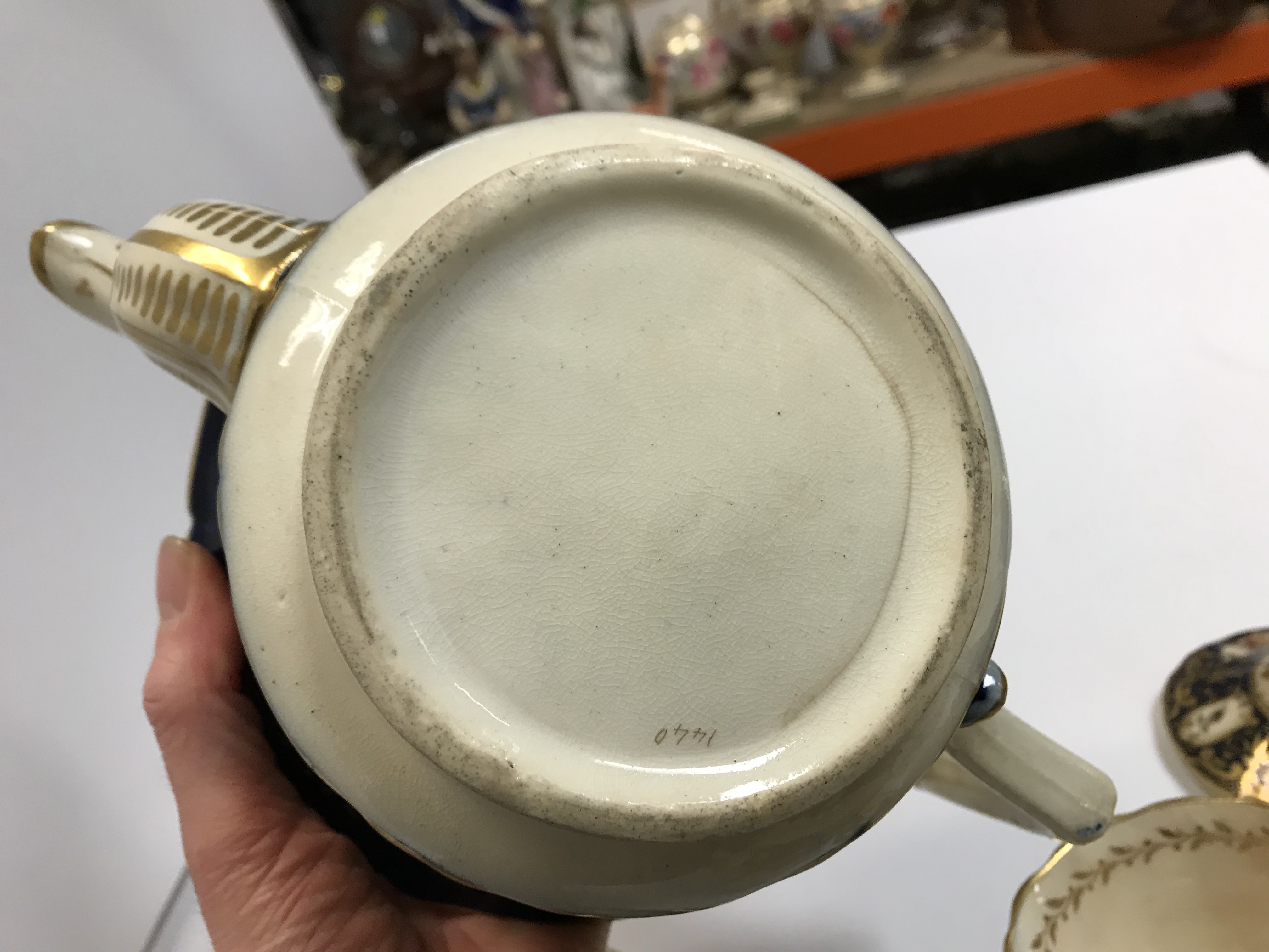 A 19th Century Staffordshire pottery part tea set, royal blue banded and gilt lined with panels of - Image 6 of 45