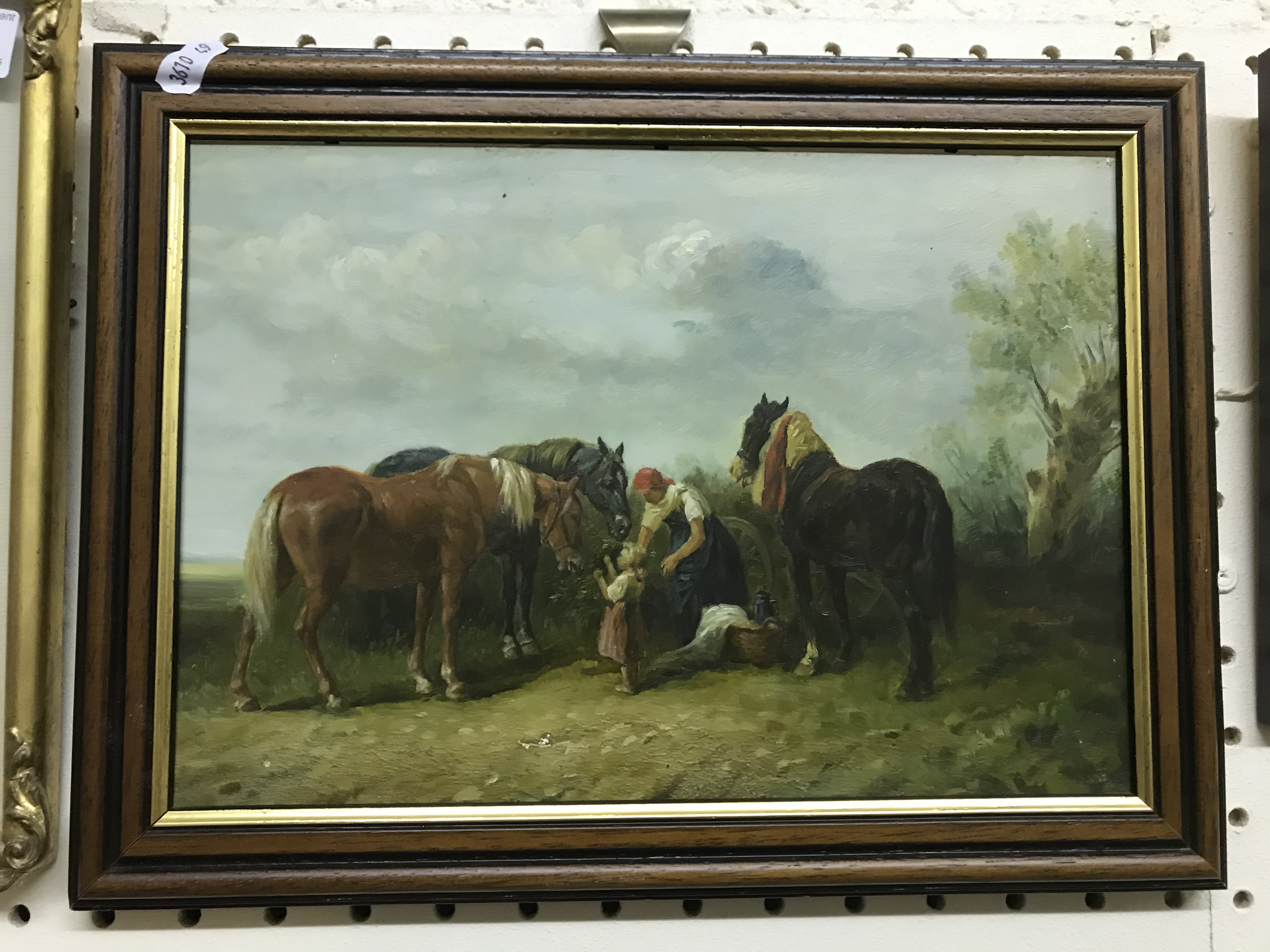 ENGLISH SCHOOL “Gypsy woman with child and horses on a roadway”, oil on board, unsigned, image - Image 2 of 2