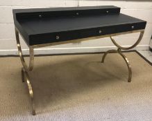 A Justin Van Brada "Lucille" black ash desk with three drawer superstructure over a blue leather