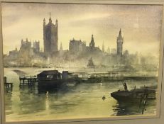 LEY KENYON “Palace of Westminster from the river”, watercolour heightened with white, signed and