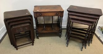 A Victorian burr walnut Canterbury whatnot base with single drawer over a slatted undertier on