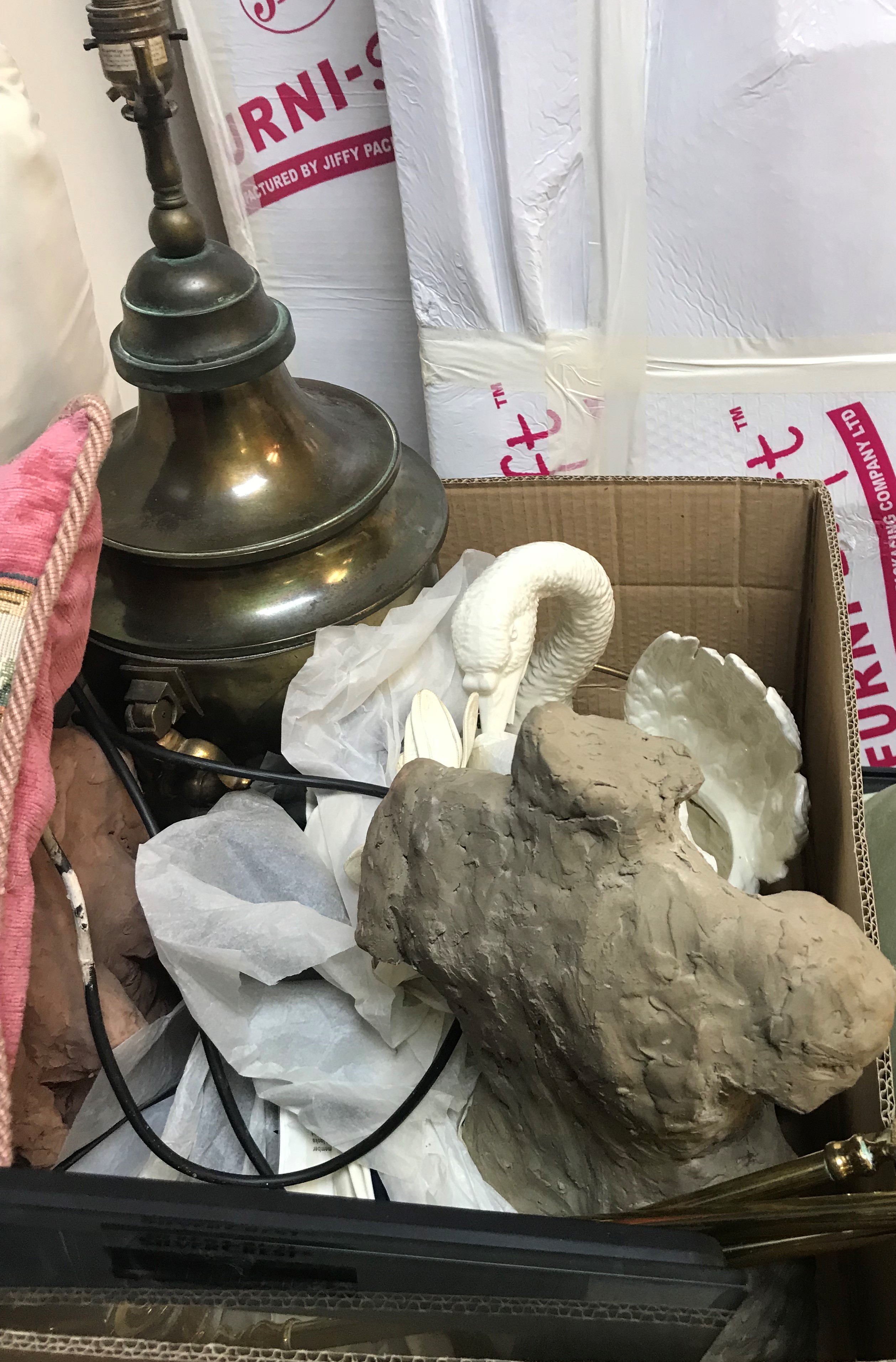 Three boxes of assorted sundry items to include various table lamps, cushions and a Victorian - Image 2 of 2