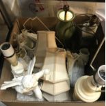Three boxes of assorted sundry items to include various table lamps, cushions and a Victorian