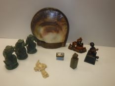 A basket of various objets de vertus including an Indian hardwood and shell lidded box, 21 cm x 22