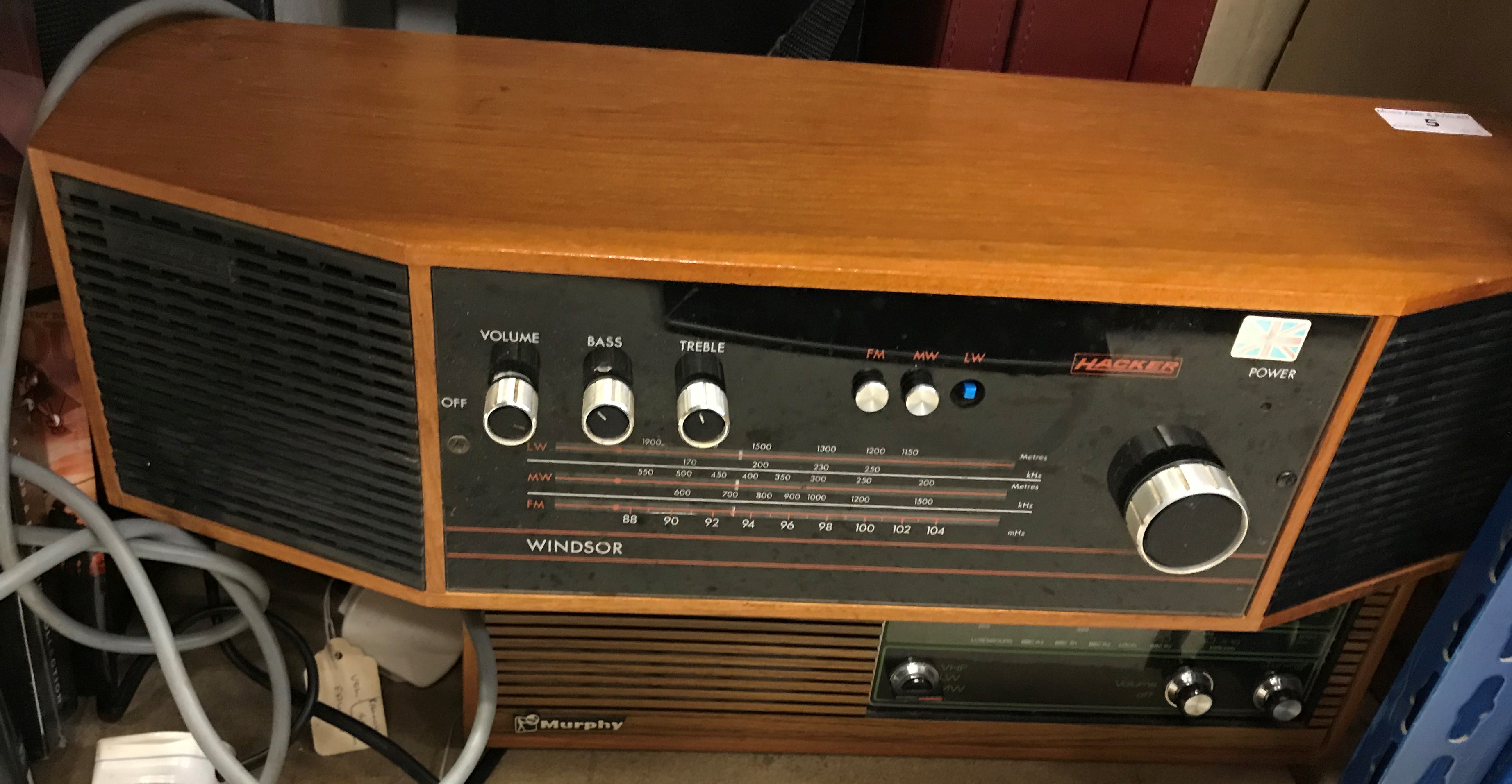 A Hacker case with Garrard record player, Murphy radio and Hacker oak cased radio, vintage Remington
