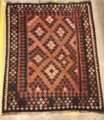 A Kelim rug in red and black, approx 189 cm x 152 cm, together with a modern Chinese rug, the