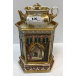 A 19th Century polychrome decorated veilleuse, the gilt decorated teapot on an elongated hexagonal