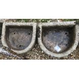 A pair of composite stone D end troughs, approx 53 cm long x 60 cm wide x 21 cm deep