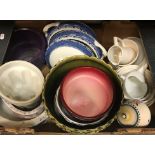 Four boxes of sundry decorative china wares to include a swan jardinier, various other jardiniers