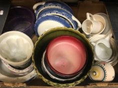 Four boxes of sundry decorative china wares to include a swan jardinier, various other jardiniers