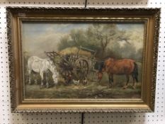 ARDEN SIDNEY MELVILLE (1847-1881) "Cart, two horses and chickens", oil on canvas, signed lower left,