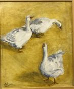 CAROLINE WALLACE "Three geese", oil on board, initialled and dated 002 lower left, size including