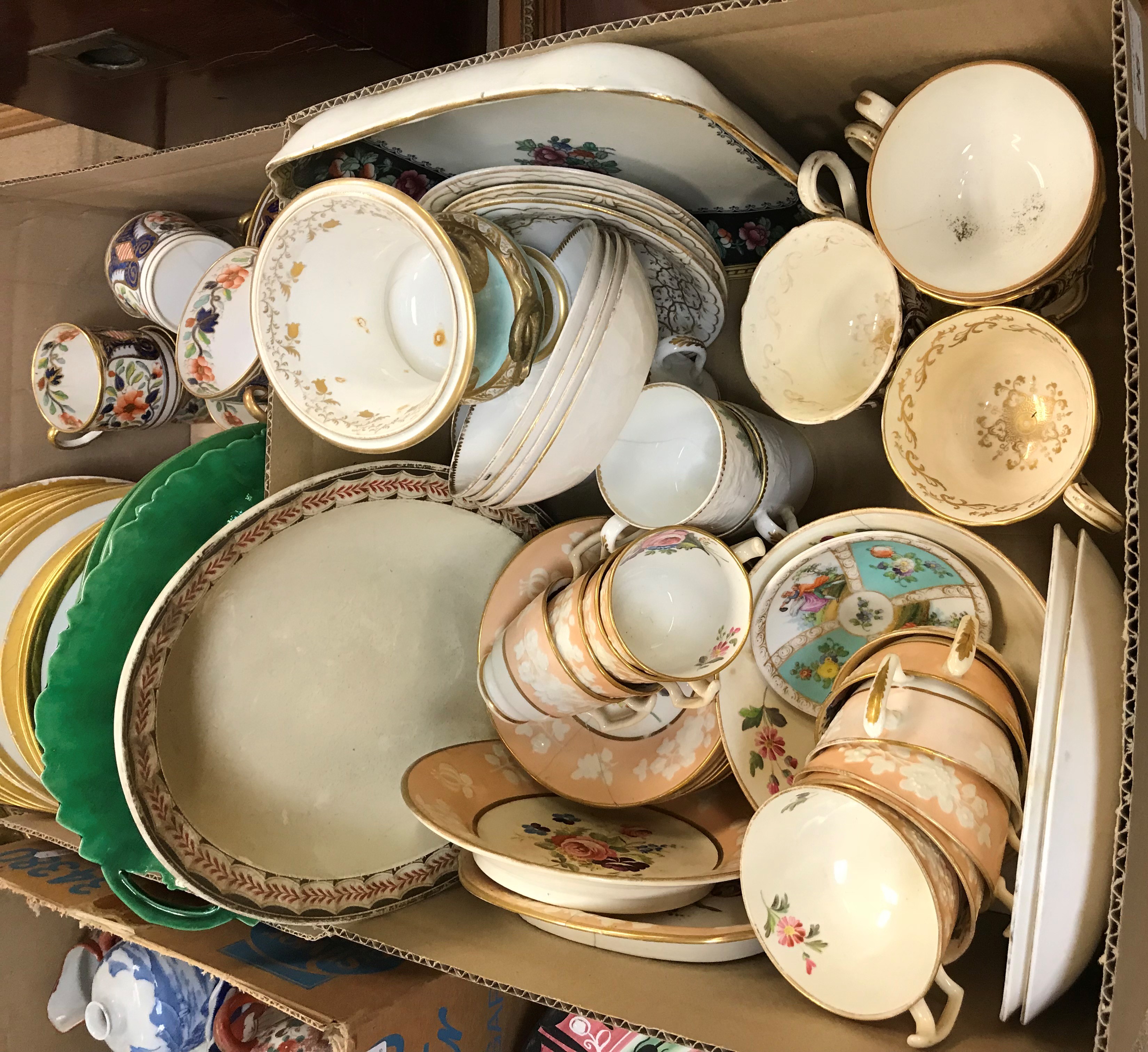 Two boxes of various mainly 19th Century English china, including a Derby duck egg blue ground and