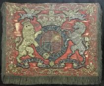 A Victorian pennant / banner, the red silk ground set with embroidered and appliqued Royal Coat of