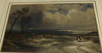 19TH CENTURY ENGLISH SCHOOL “Figures on a pathway with storm approaching in the background”,