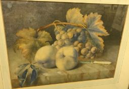 EDWARD SHERARD KENNEDY (1863-1895) “Apples and grapes on a stone ledge”, a still life study,