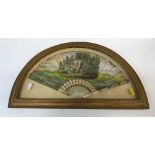 A framed and glazed hand-coloured engraved fan on carved bone and gilded sticks, together with